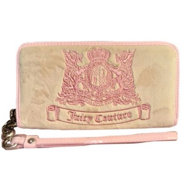 Juicy Couture Pink Beige Twig Dogs Embroidered Velour Wallet Wristlet Clutch Bag - Picture 2 of 12